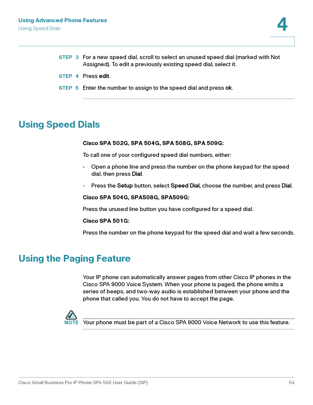 Cisco Systems manual Using Speed Dials, Using the Paging Feature, Cisco SPA 504G, SPA508G, SPA509G 