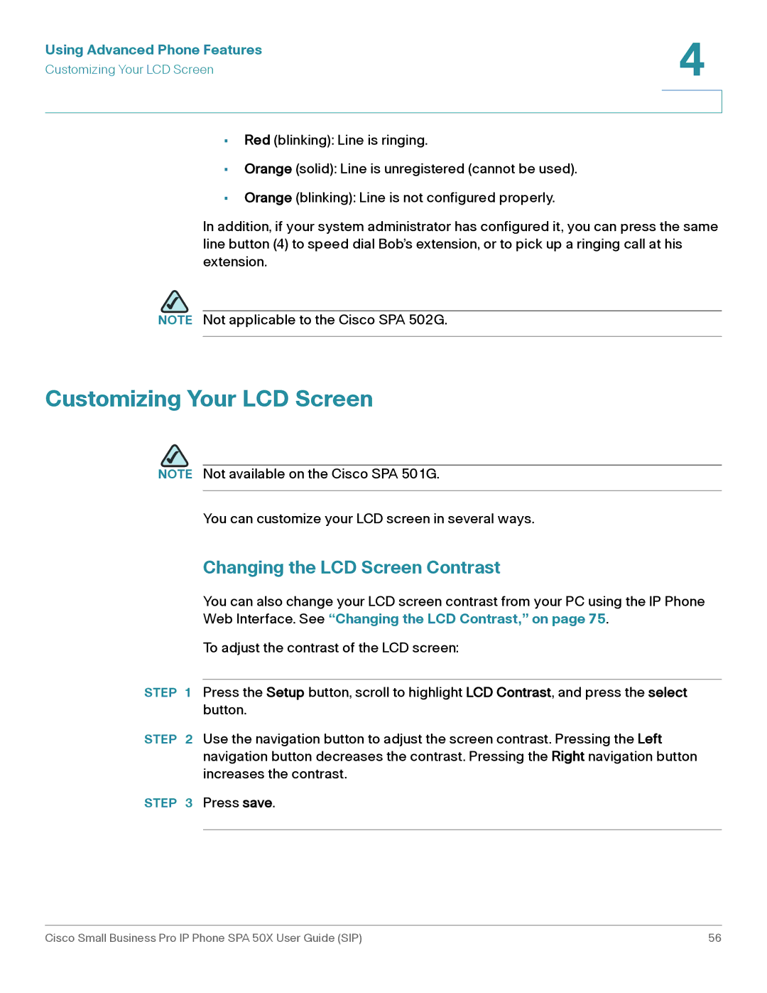 Cisco Systems 509G manual Customizing Your LCD Screen, Changing the LCD Screen Contrast 