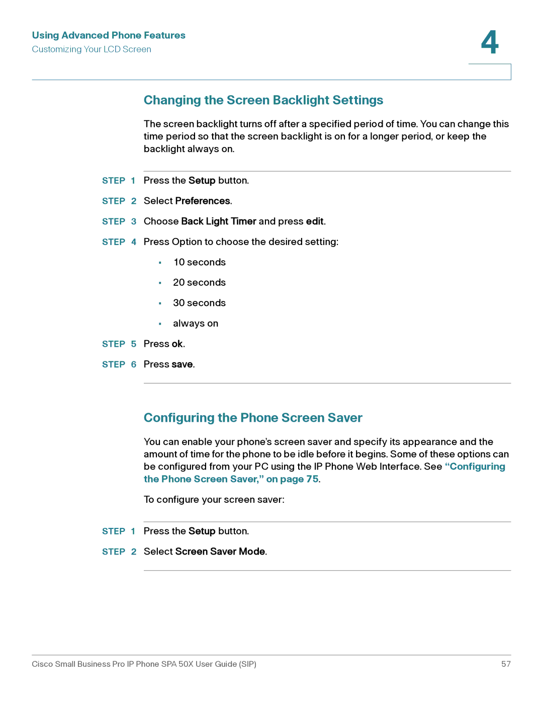 Cisco Systems 509G Changing the Screen Backlight Settings, Configuring the Phone Screen Saver, Select Screen Saver Mode 