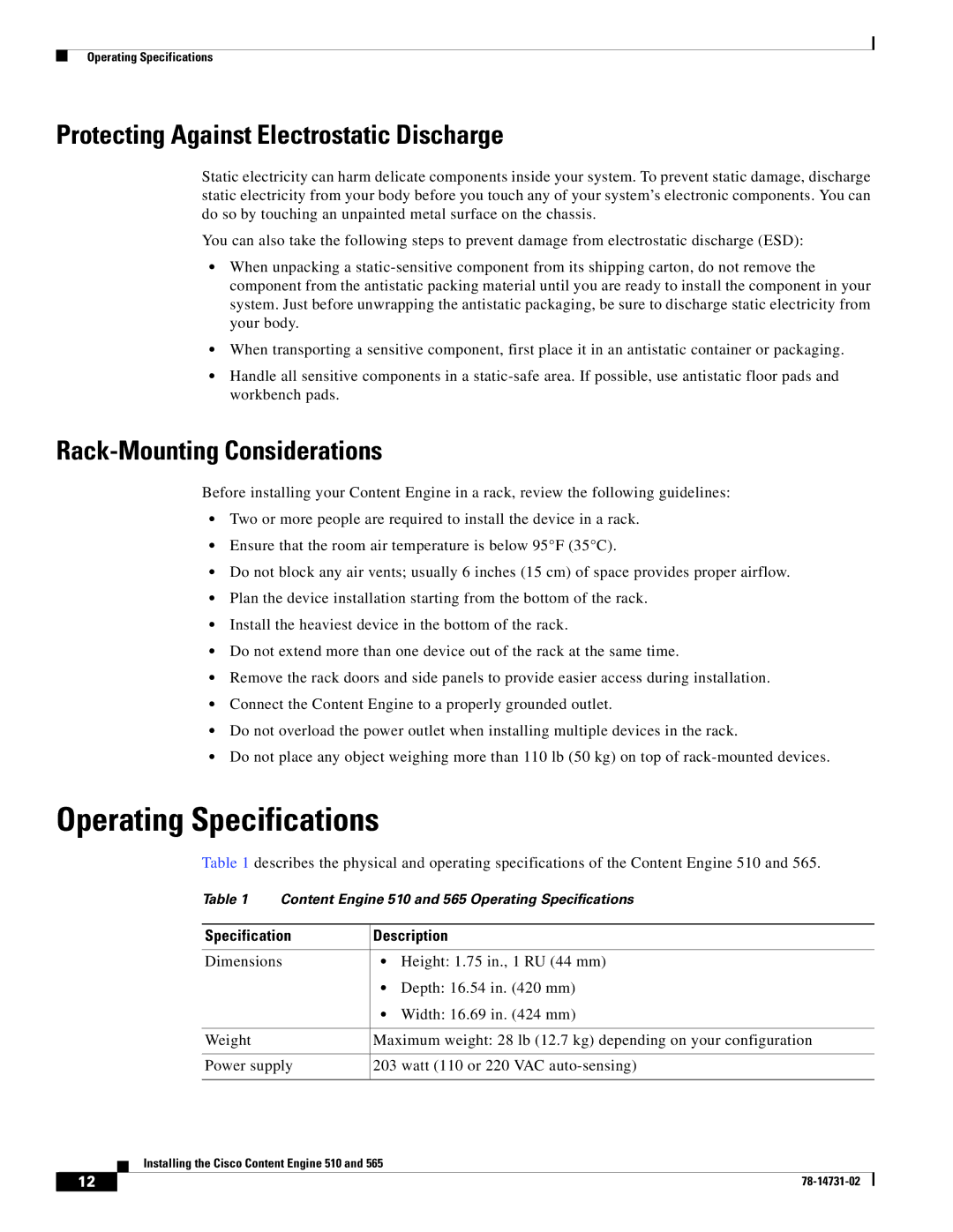 Cisco Systems 510, 565 Operating Specifications, Protecting Against Electrostatic Discharge, Rack-Mounting Considerations 