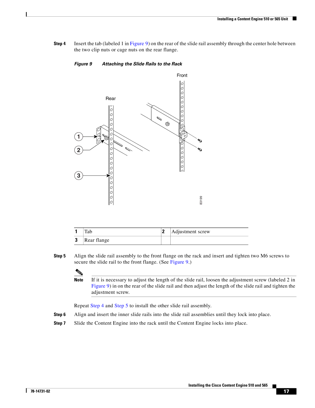 Cisco Systems 565, 510 installation instructions Attaching the Slide Rails to the Rack 