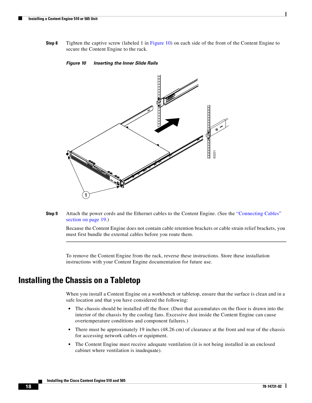 Cisco Systems 510, 565 installation instructions Installing the Chassis on a Tabletop, Inserting the Inner Slide Rails 