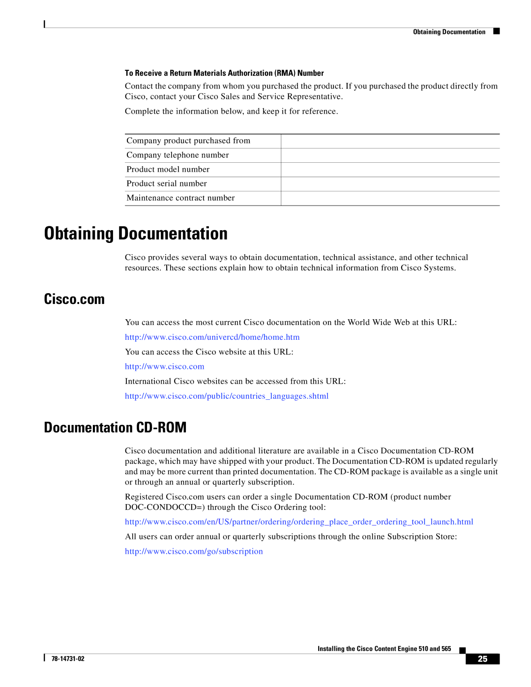 Cisco Systems 565, 510 installation instructions Obtaining Documentation, Cisco.com, Documentation CD-ROM 