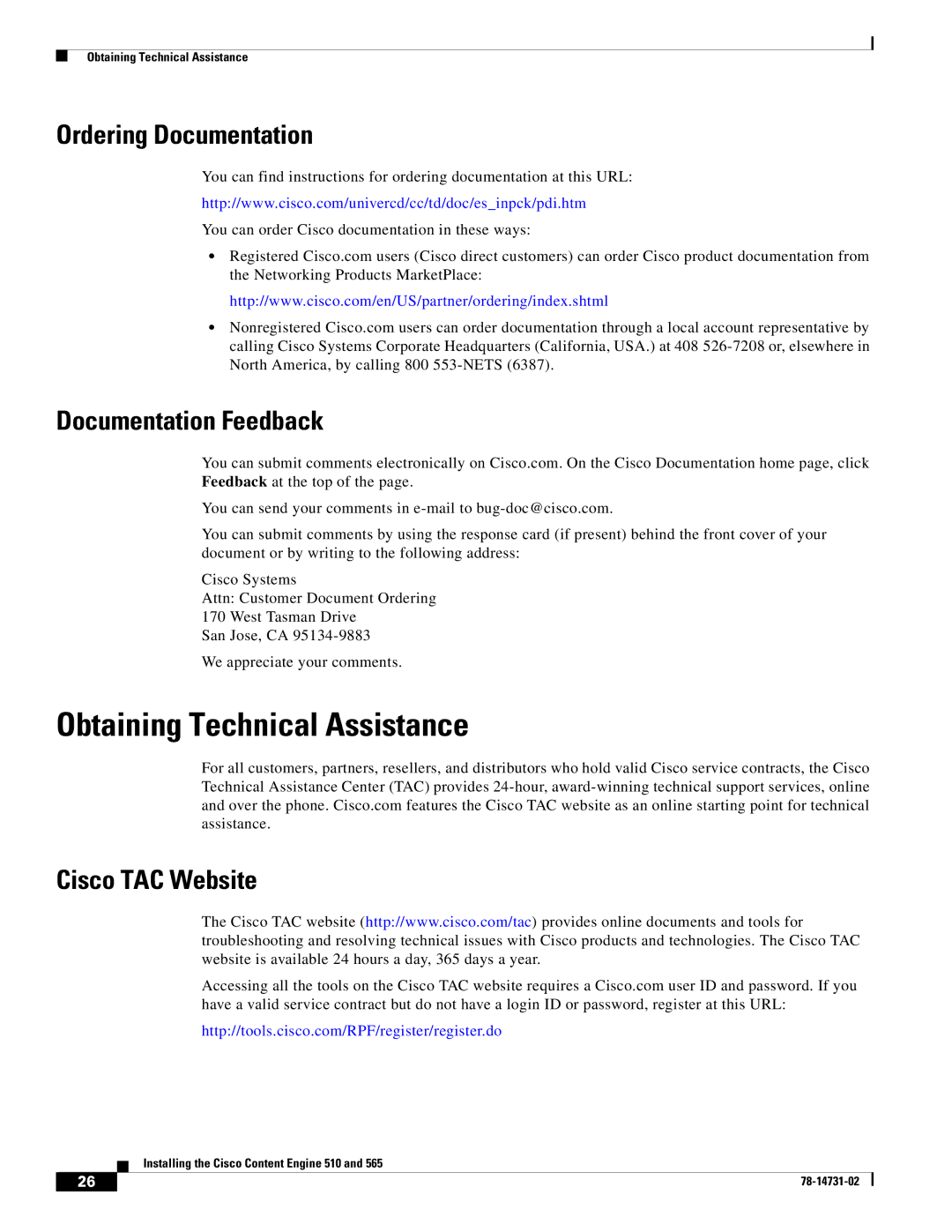 Cisco Systems 510, 565 Obtaining Technical Assistance, Ordering Documentation, Documentation Feedback, Cisco TAC Website 