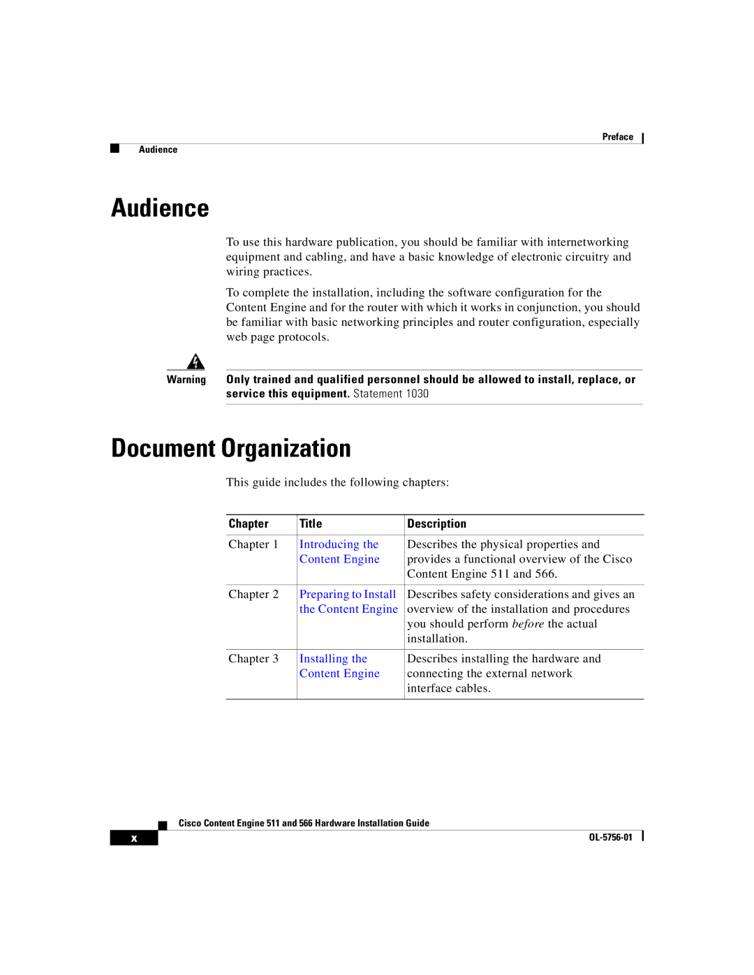 Cisco Systems 511, 566 manual Audience, Document Organization, Chapter Title Description 