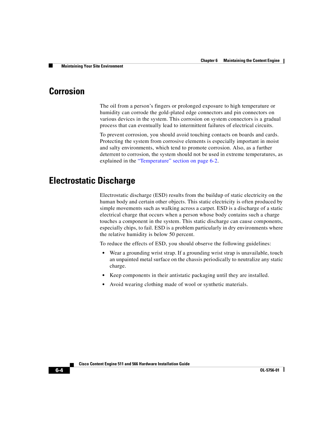 Cisco Systems 511, 566 manual Corrosion, Electrostatic Discharge 