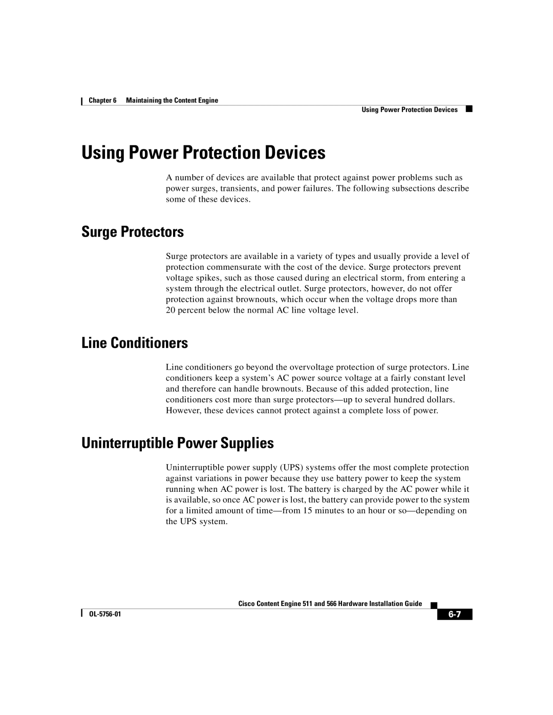 Cisco Systems 566, 511 Using Power Protection Devices, Surge Protectors, Line Conditioners, Uninterruptible Power Supplies 