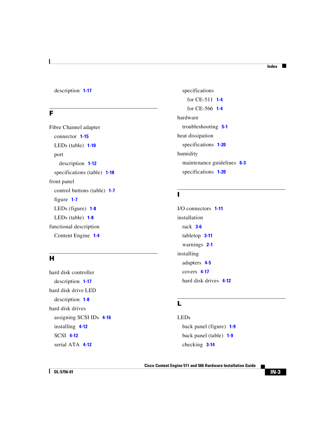 Cisco Systems 566, 511 manual IN-3 