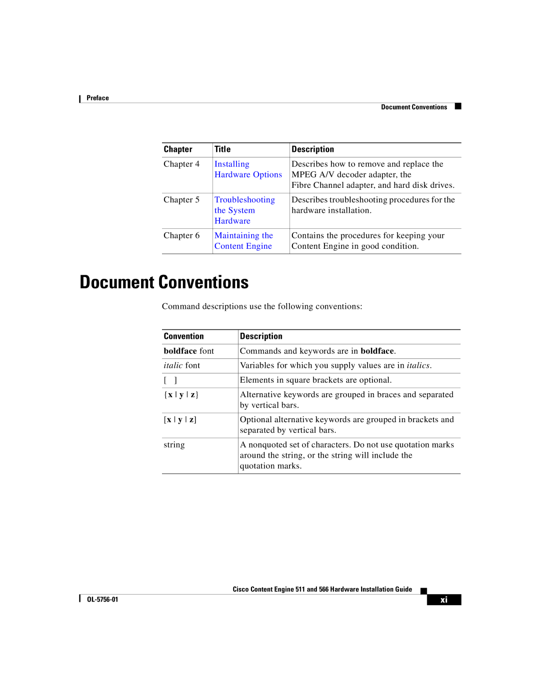 Cisco Systems 566, 511 manual Document Conventions, Convention Description 