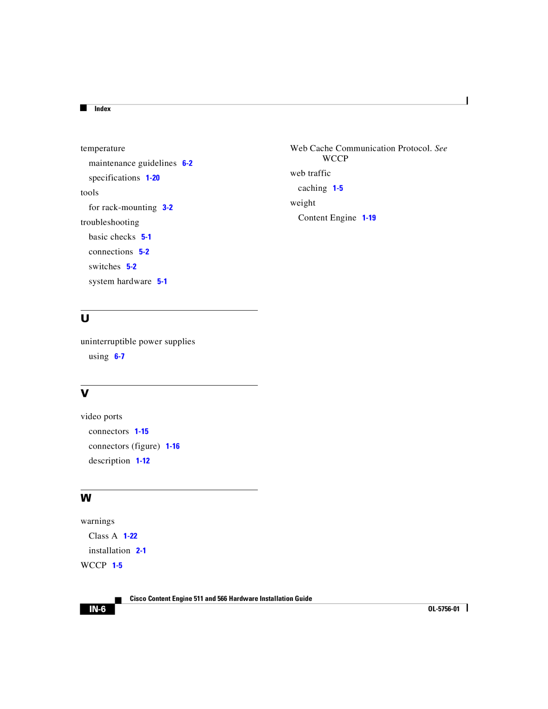 Cisco Systems 511, 566 manual Wccp, IN-6 