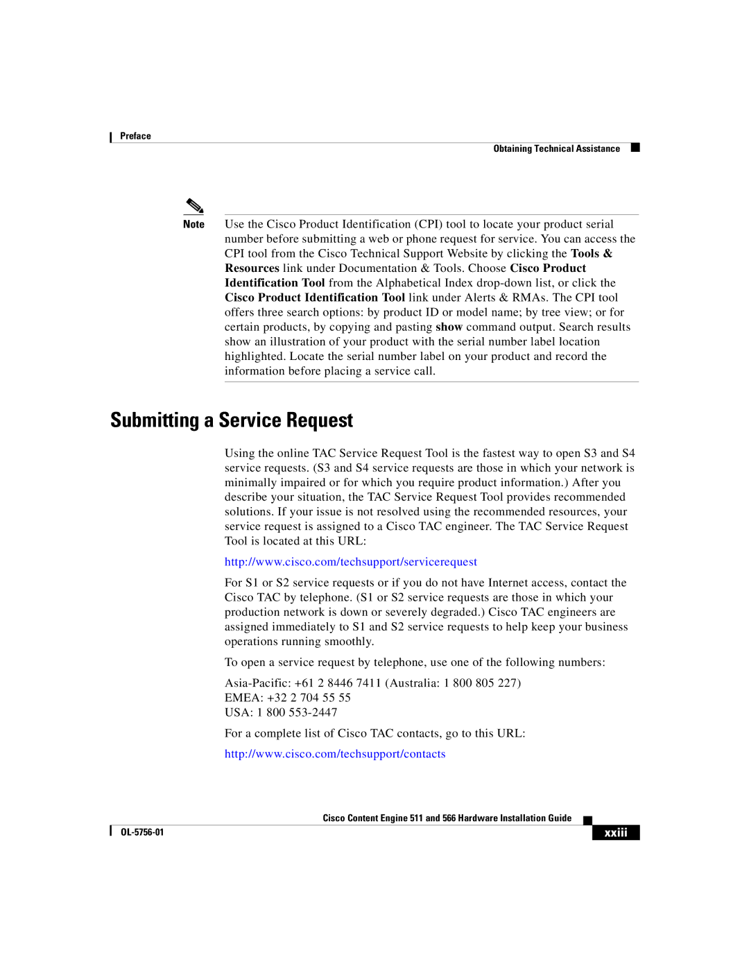 Cisco Systems 566, 511 manual Submitting a Service Request, Xxiii 