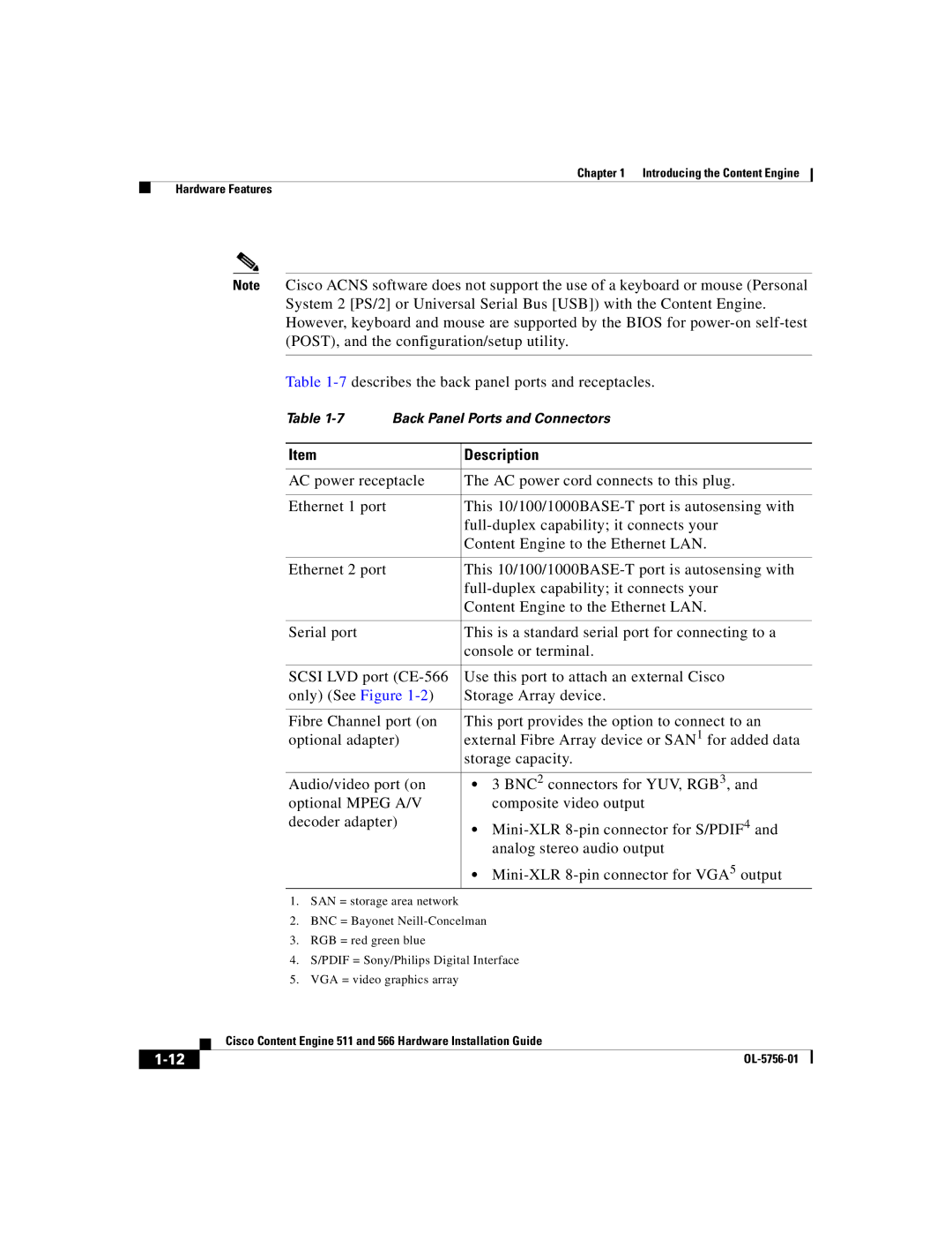 Cisco Systems 511, 566 manual 7describes the back panel ports and receptacles 