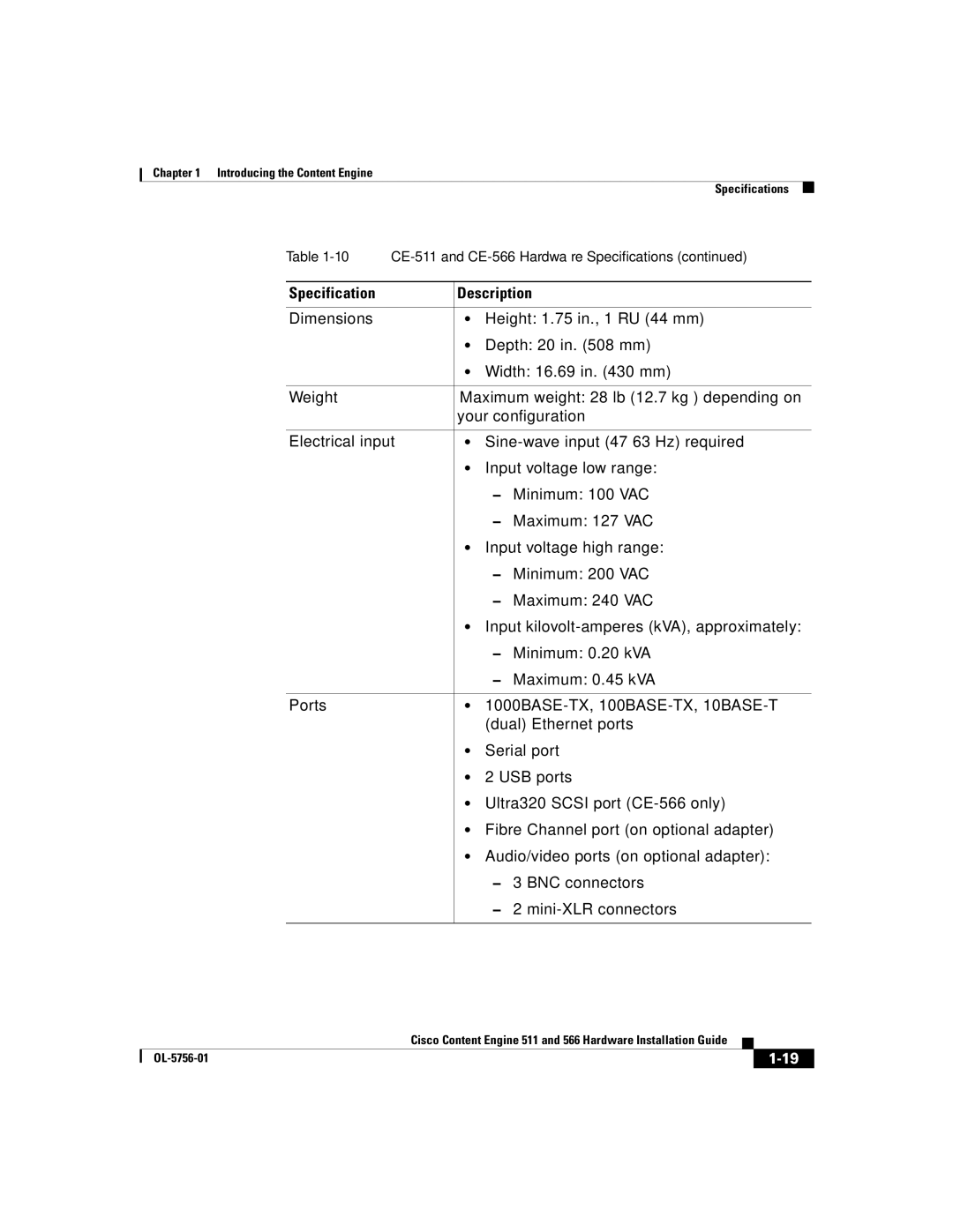 Cisco Systems 566, 511 manual Specification Description 