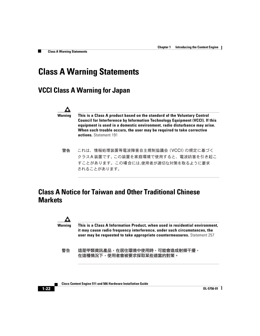 Cisco Systems 511, 566 manual Class a Warning Statements 