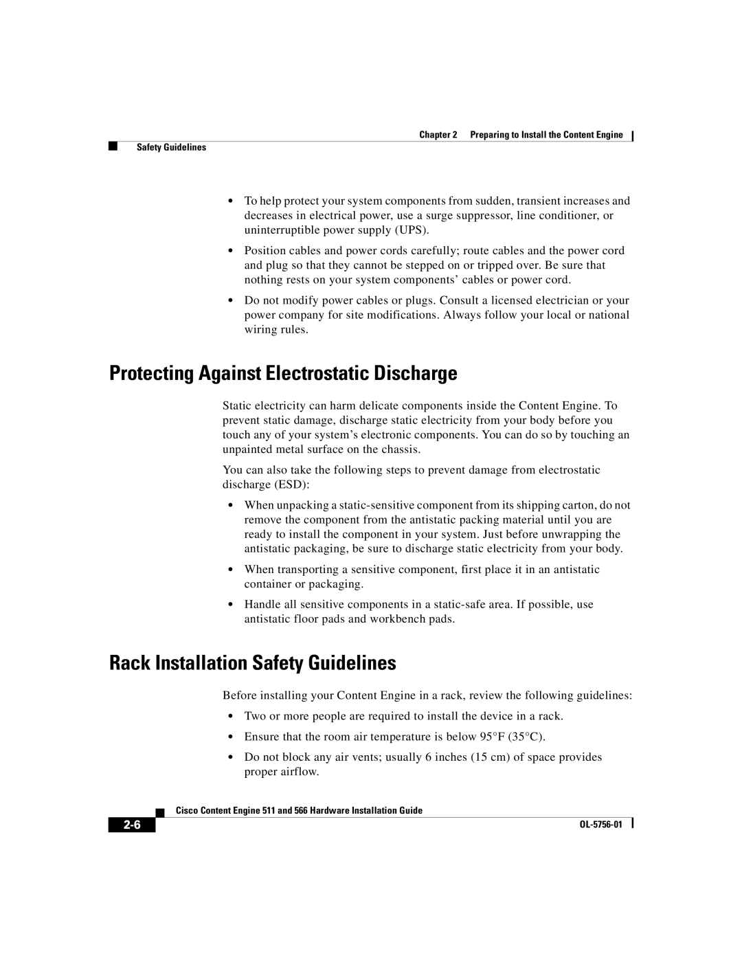 Cisco Systems 511, 566 manual Protecting Against Electrostatic Discharge, Rack Installation Safety Guidelines 