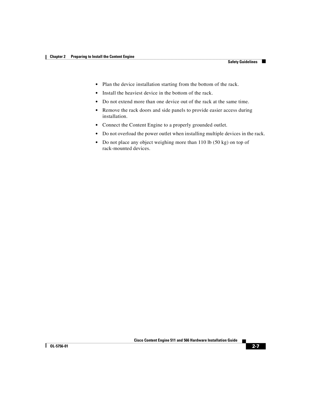 Cisco Systems 566, 511 manual Preparing to Install the Content Engine Safety Guidelines 