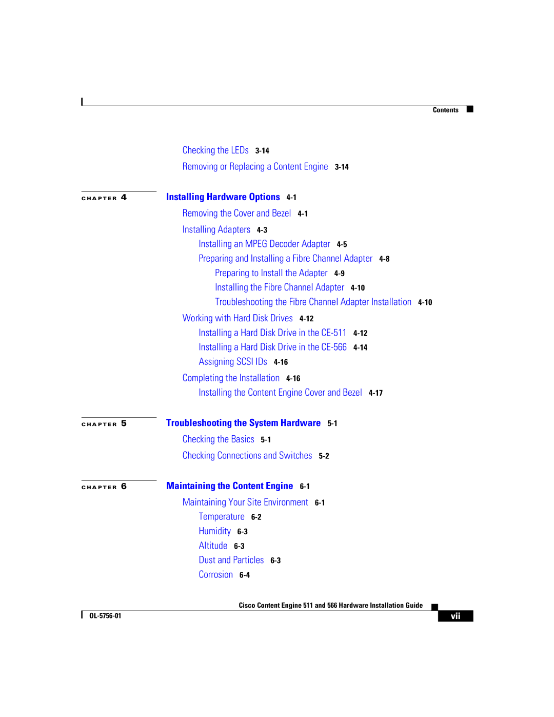 Cisco Systems 566, 511 manual Preparing and Installing a Fibre Channel Adapter, Vii 