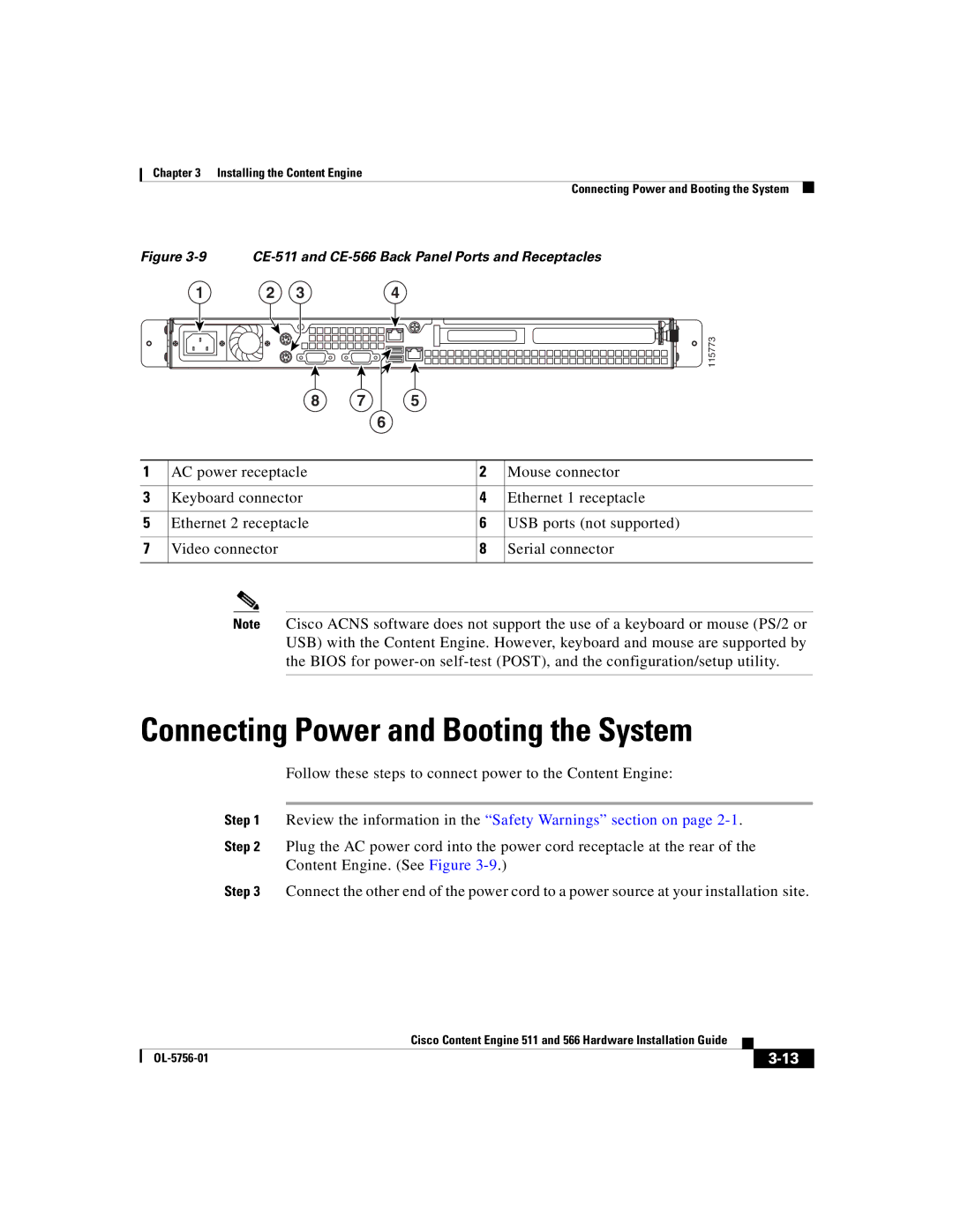 Cisco Systems 566, 511 Connecting Power and Booting the System, Review the information in the Safety Warnings section on 