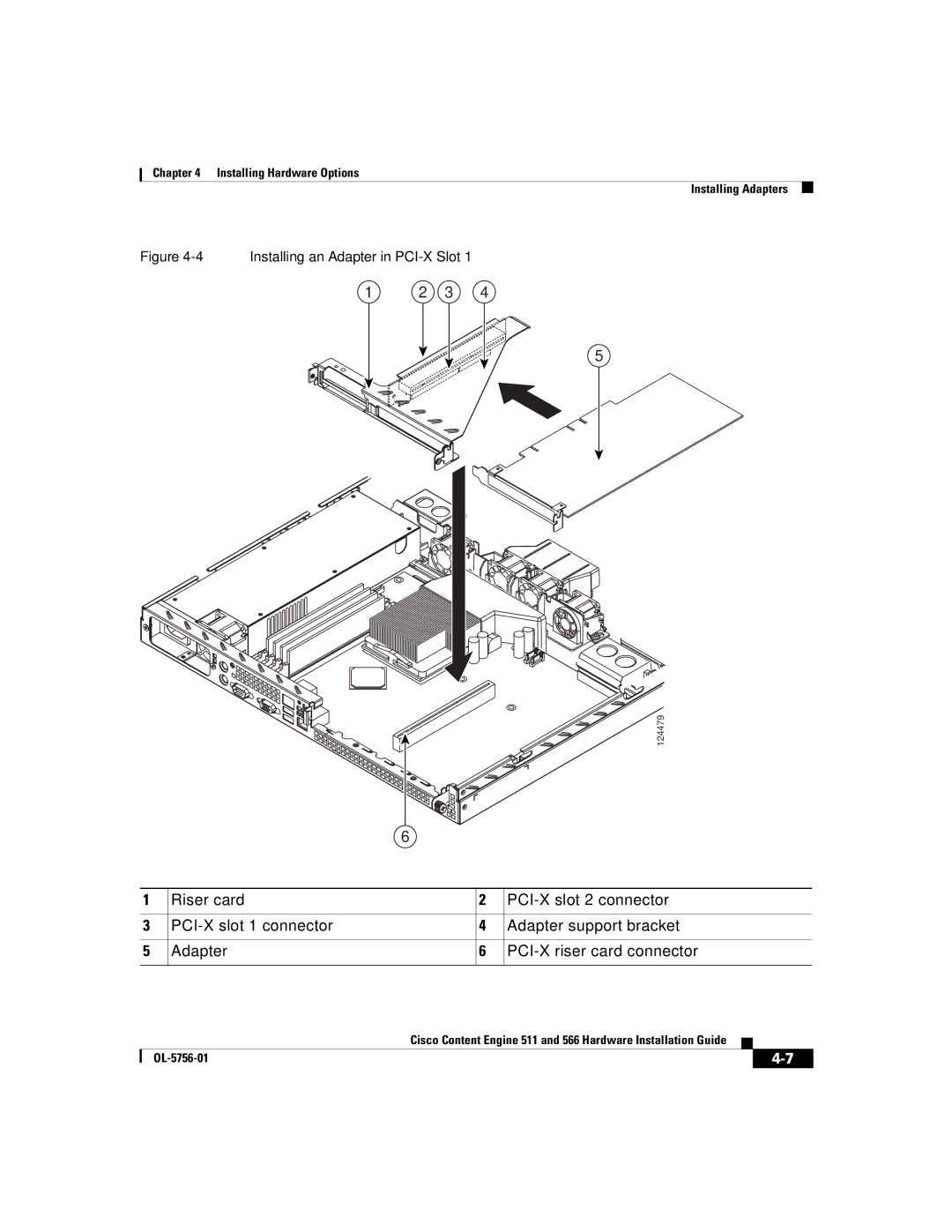 Cisco Systems 566, 511 manual Installing an Adapter in PCI-X Slot 