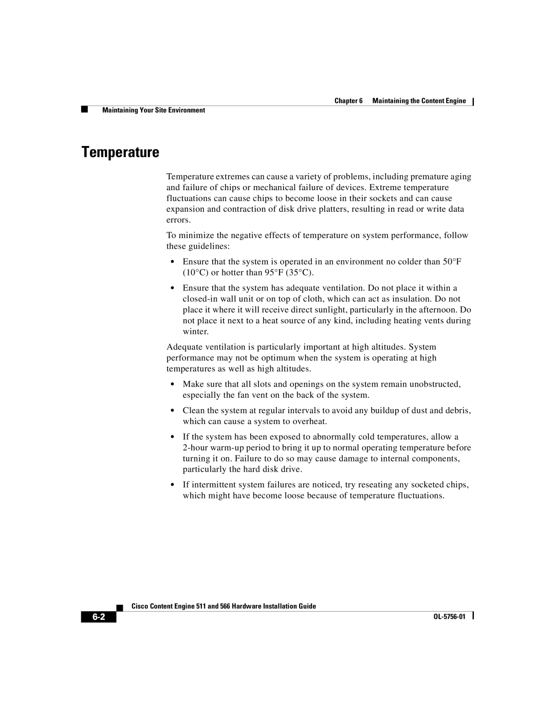 Cisco Systems 511, 566 manual Temperature 