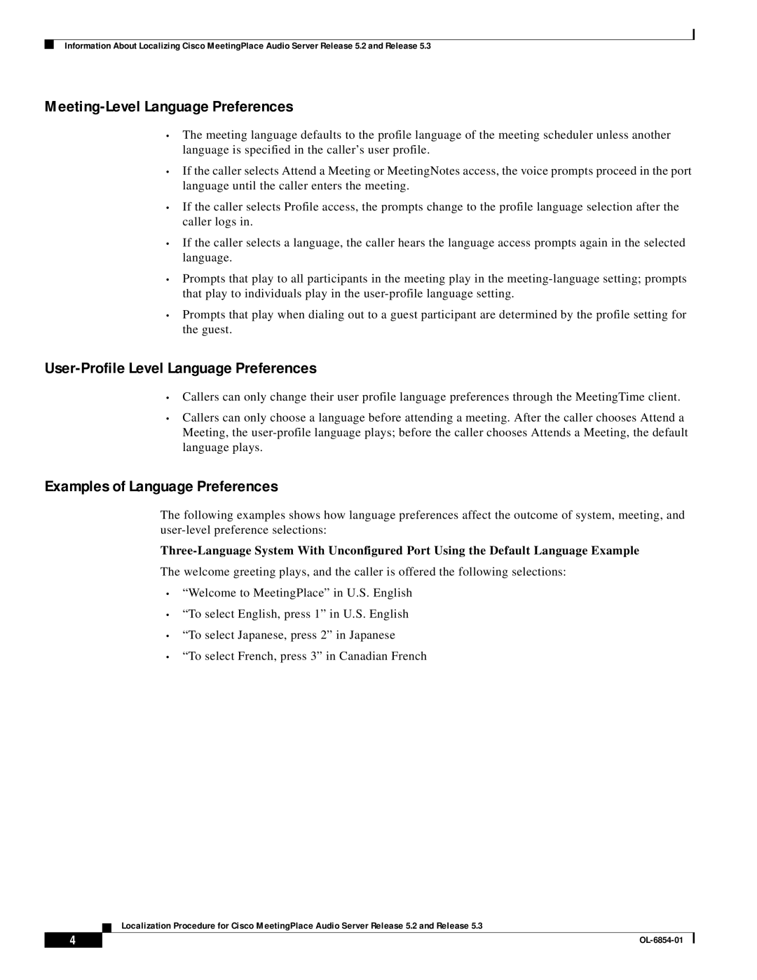 Cisco Systems 5.2 manual Meeting-Level Language Preferences, User-Profile Level Language Preferences 