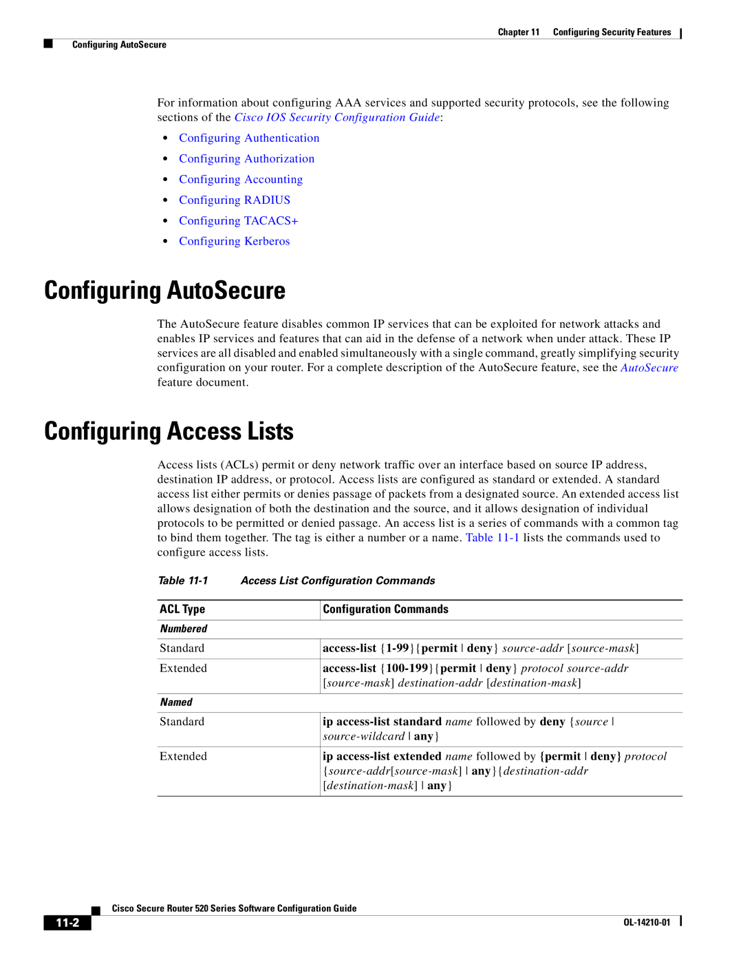 Cisco Systems 520 series manual Configuring AutoSecure, Configuring Access Lists, ACL Type, Configuration Commands, 11-2 