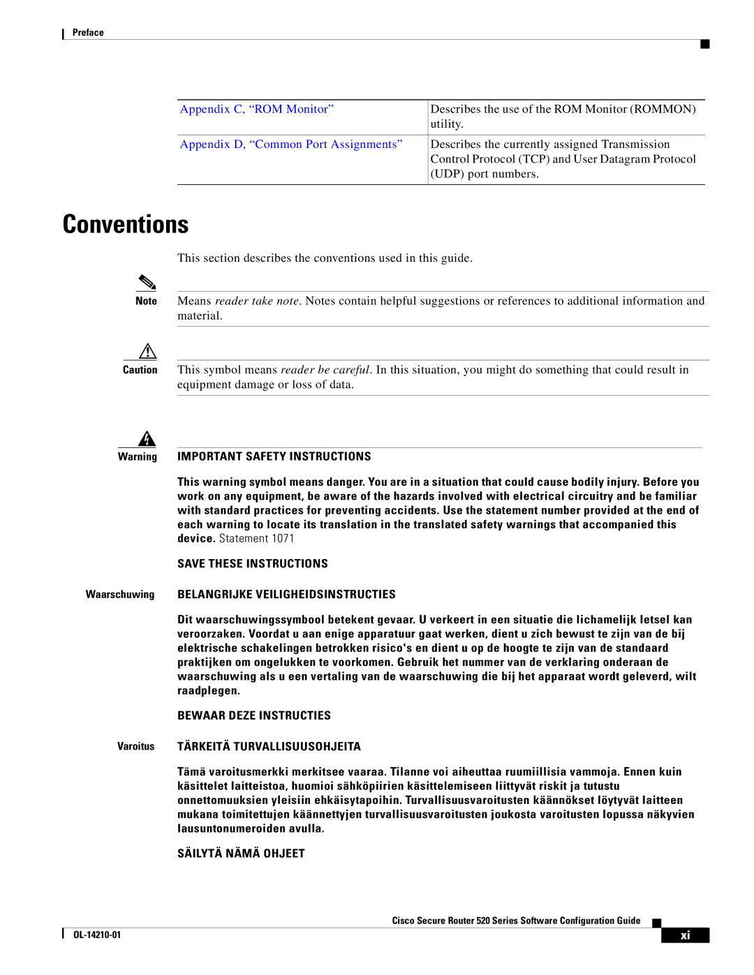 Cisco Systems 520 series manual Conventions, Appendix D, Common Port Assignments 