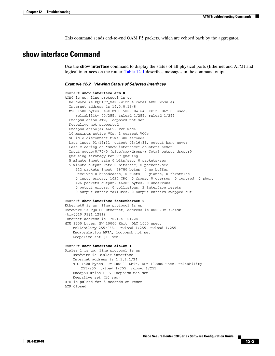 Cisco Systems 520 series manual Show interface Command, 12-3 