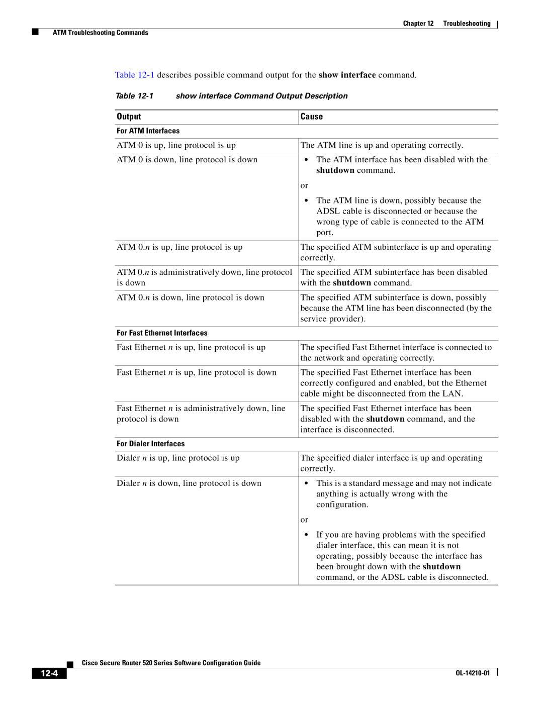 Cisco Systems 520 series manual Output Cause, Shutdown command, 12-4 