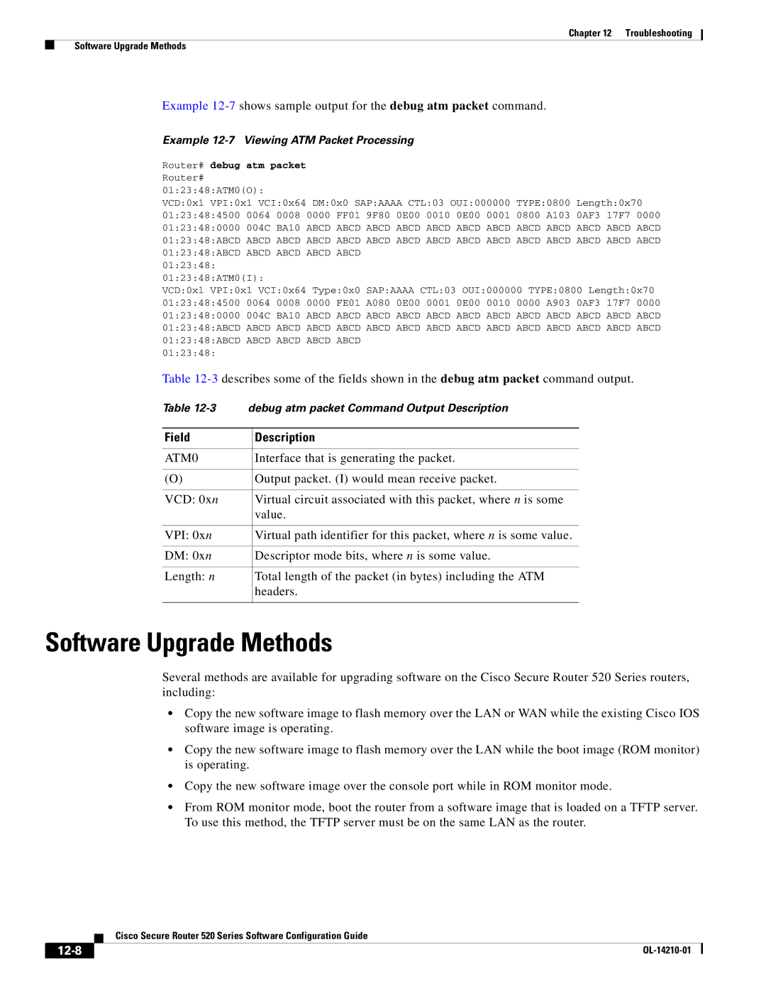 Cisco Systems 520 series manual Software Upgrade Methods, 12-8, Router# debug atm packet Router# 012348ATM0O 