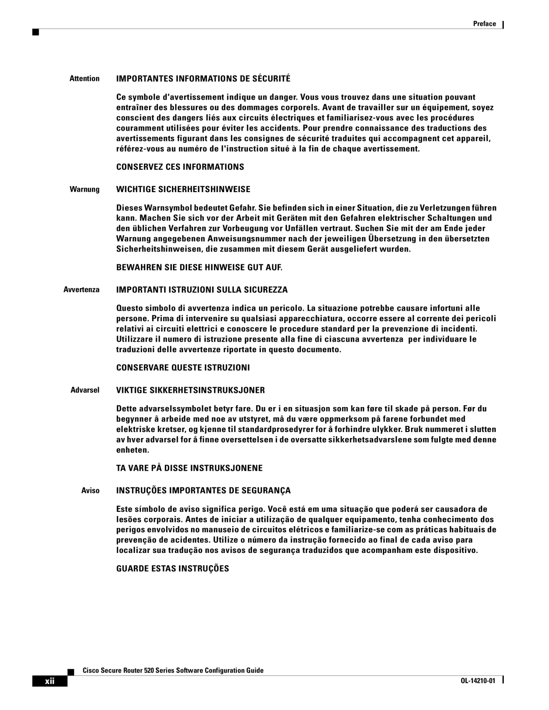 Cisco Systems 520 series manual Warnung Wichtige Sicherheitshinweise, Avvertenza Importanti Istruzioni Sulla Sicurezza, Xii 