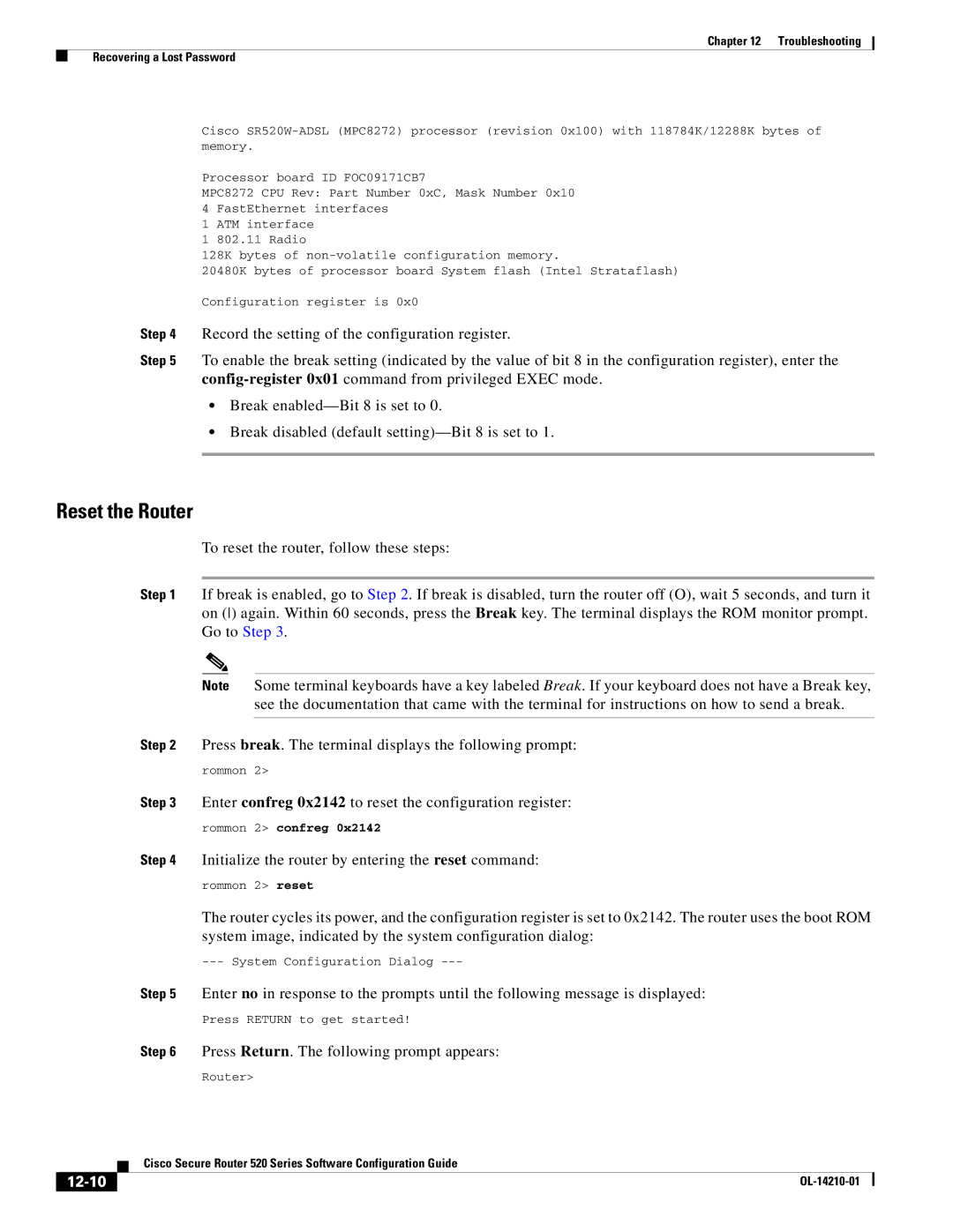 Cisco Systems 520 series manual 12-10, Rommon 2 confreg 