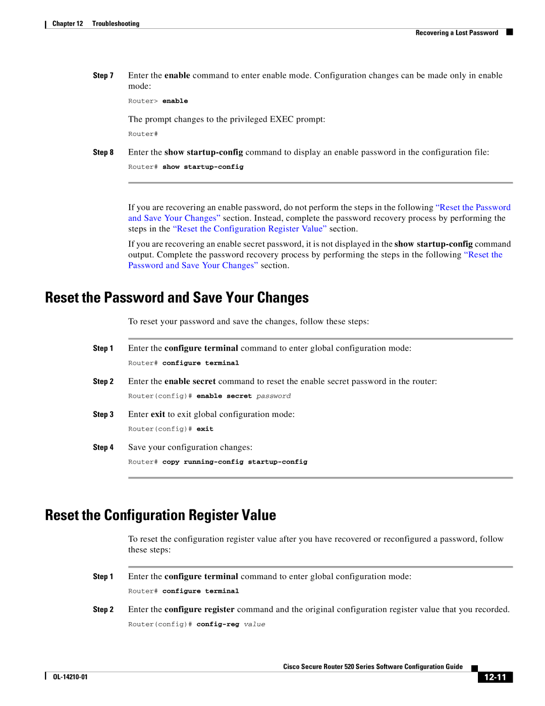 Cisco Systems 520 series manual Reset the Password and Save Your Changes, Reset the Configuration Register Value, 12-11 