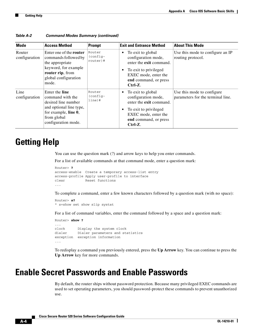 Cisco Systems 520 series manual Getting Help, Enable Secret Passwords and Enable Passwords, Router rip, from 