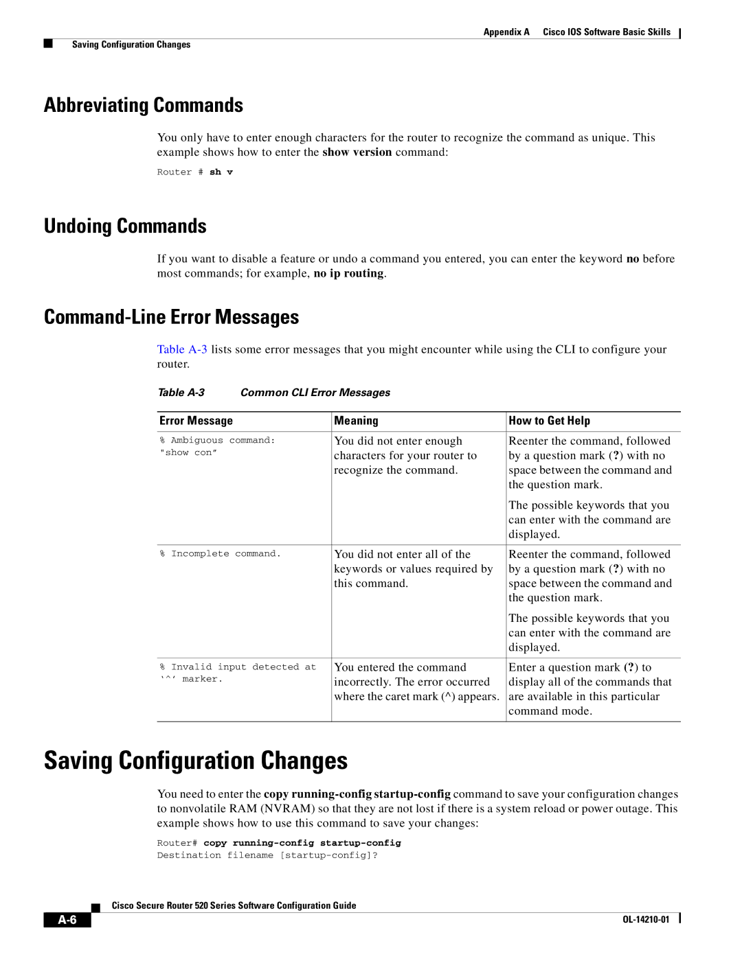 Cisco Systems 520 series Saving Configuration Changes, Abbreviating Commands, Undoing Commands, Meaning How to Get Help 