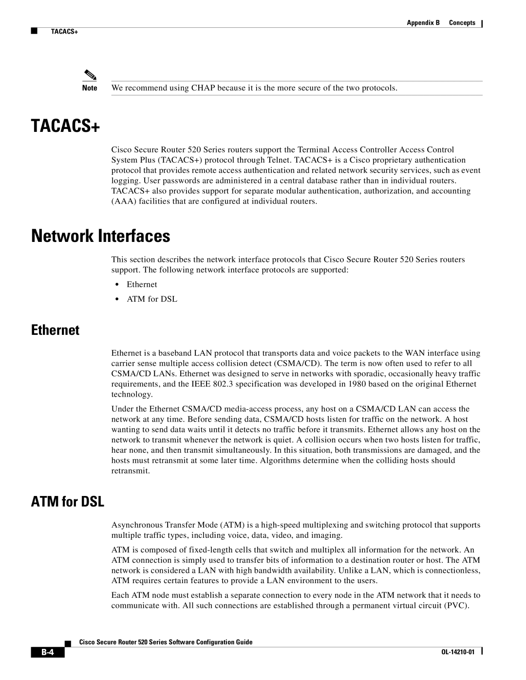 Cisco Systems 520 series manual Network Interfaces, Ethernet, ATM for DSL 