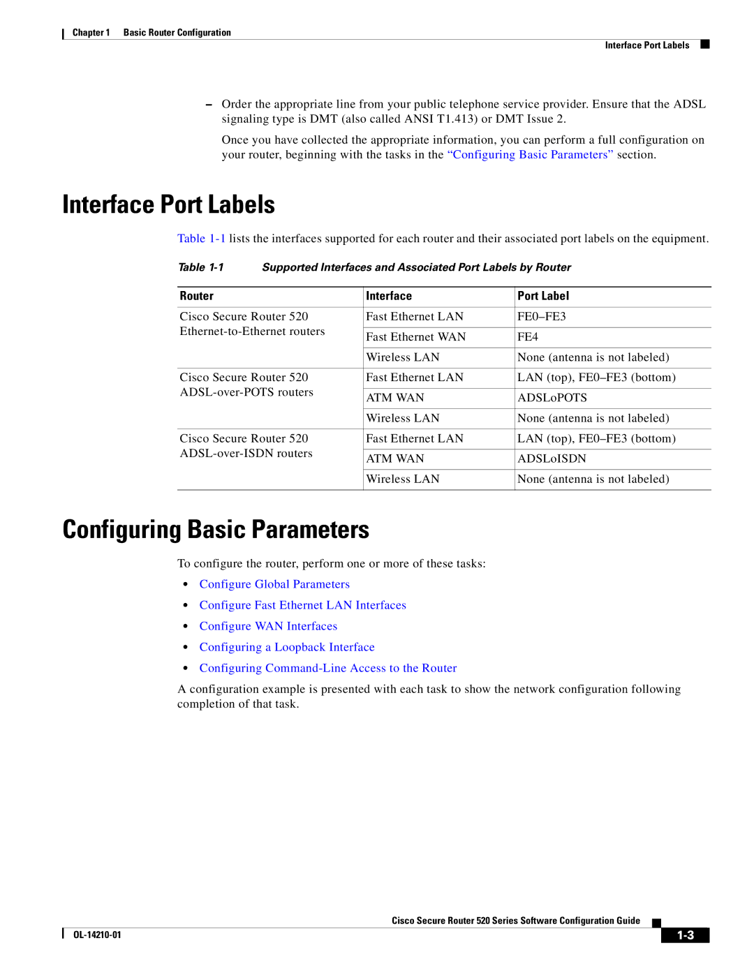 Cisco Systems 520 series manual Interface Port Labels, Configuring Basic Parameters, Router Interface Port Label 