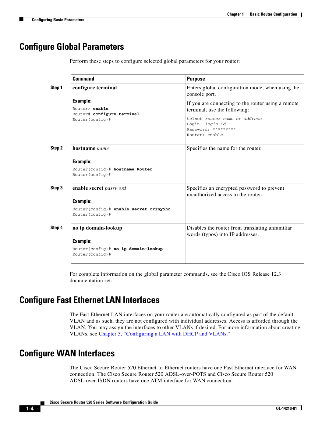 Cisco Systems 520 series Configure Global Parameters, Configure Fast Ethernet LAN Interfaces, Configure WAN Interfaces 