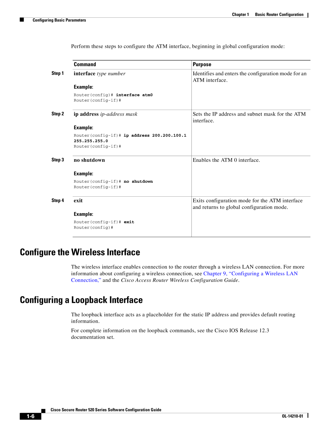 Cisco Systems 520 series Configure the Wireless Interface, Configuring a Loopback Interface, Enables the ATM 0 interface 