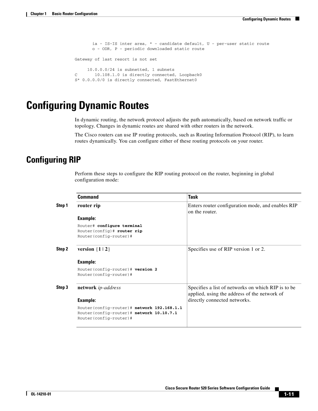 Cisco Systems 520 series manual Configuring Dynamic Routes, Configuring RIP, Command Task, Router rip, Version 1 