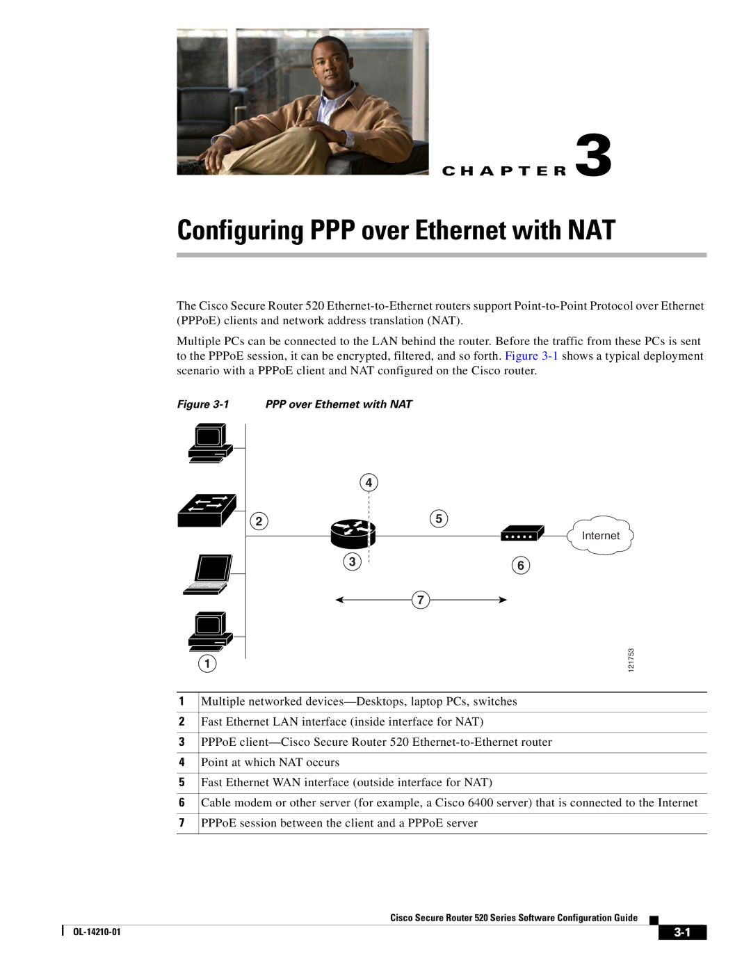 Cisco Systems 520 series manual Configuring PPP over Ethernet with NAT, PPPoE session between the client and a PPPoE server 