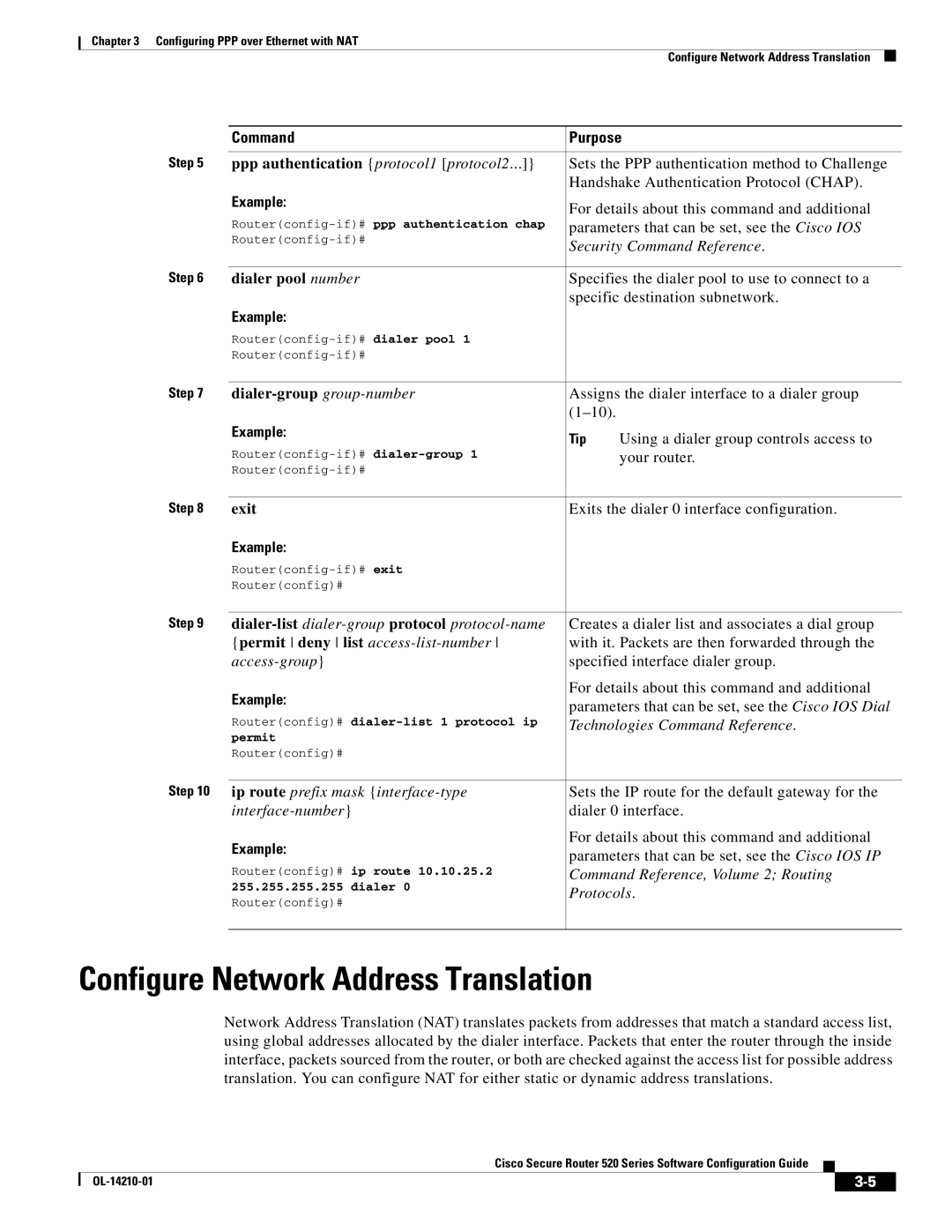 Cisco Systems 520 series Configure Network Address Translation, Ppp authentication protocol1 protocol2, Dialer pool number 