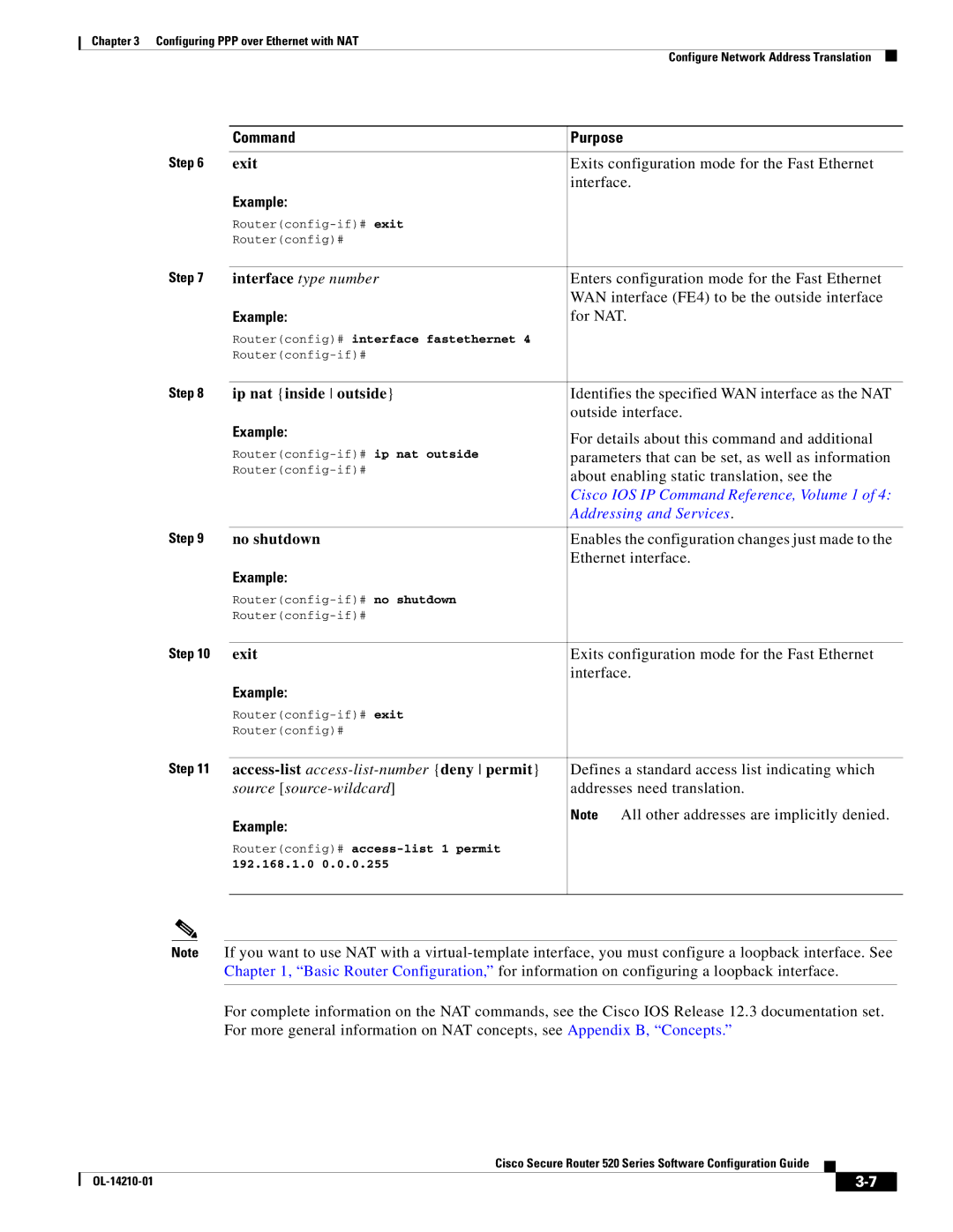 Cisco Systems 520 series manual Ip nat inside outside, Access-list access-list-number deny permit, Source source-wildcard 