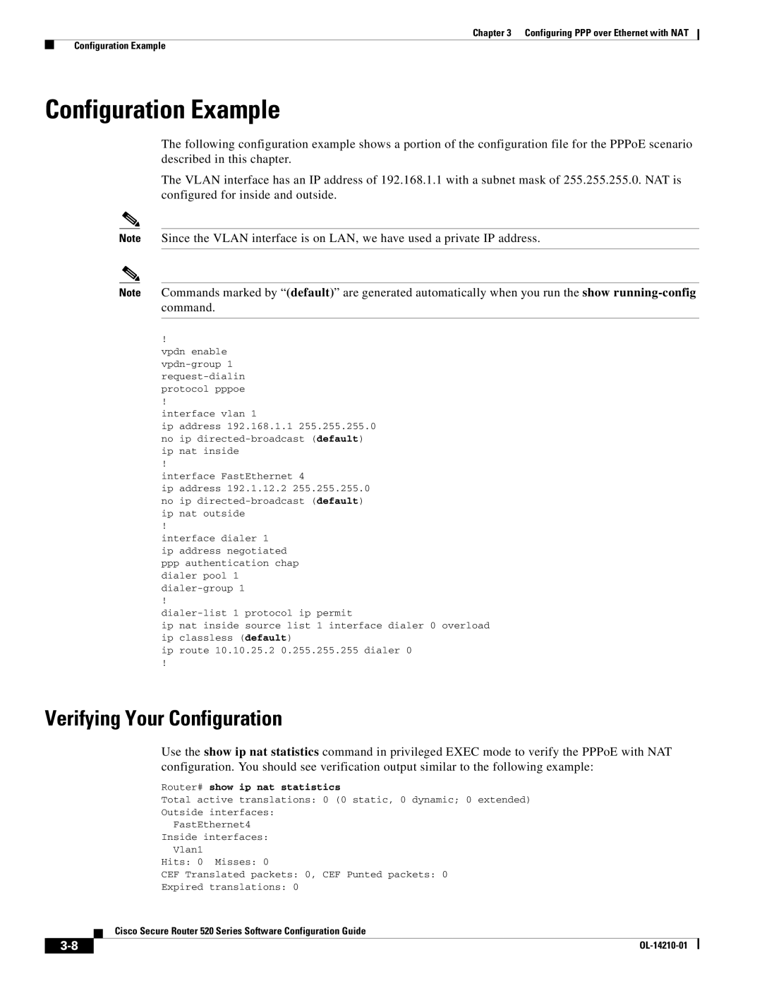 Cisco Systems 520 series manual Configuration Example, Router# show ip nat statistics 