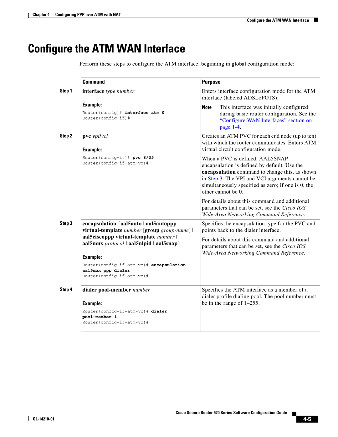 Cisco Systems 520 series manual Configure the ATM WAN Interface 