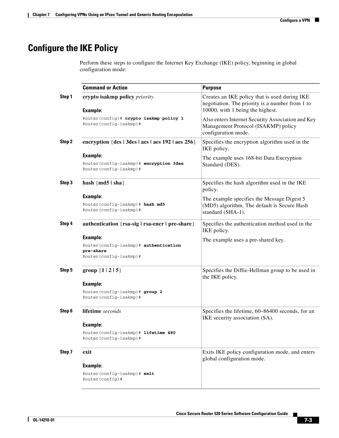 Cisco Systems 520 series manual Configure the IKE Policy 