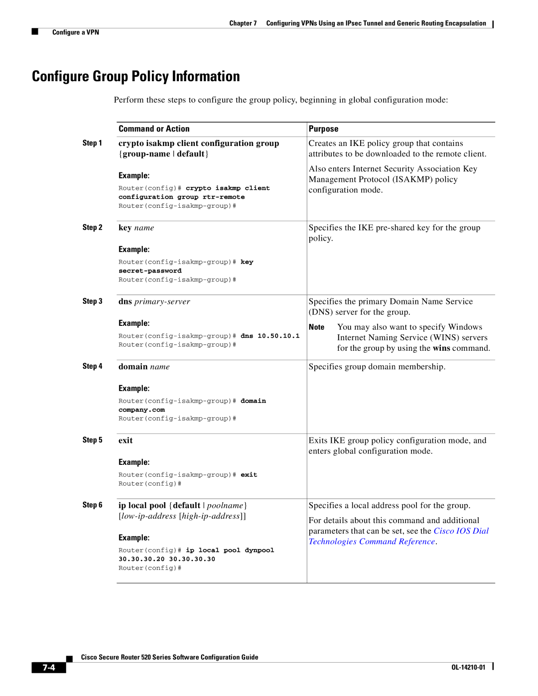 Cisco Systems 520 series manual Configure Group Policy Information, Domain name, Ip local pool default poolname 