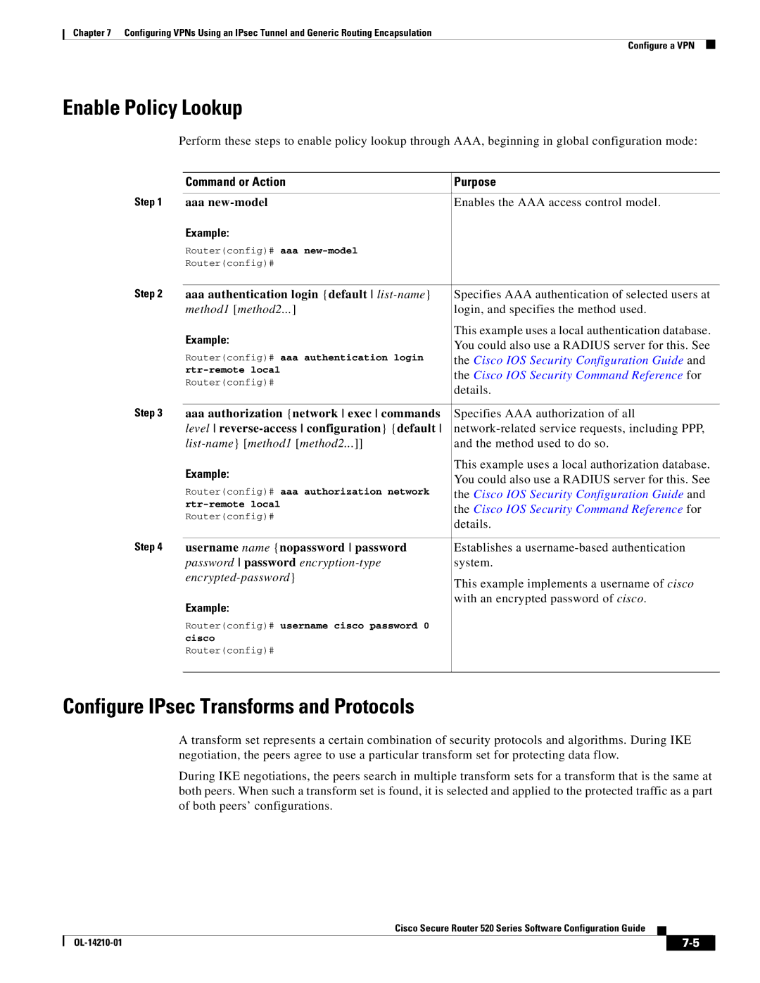 Cisco Systems 520 series manual Enable Policy Lookup, Configure IPsec Transforms and Protocols 