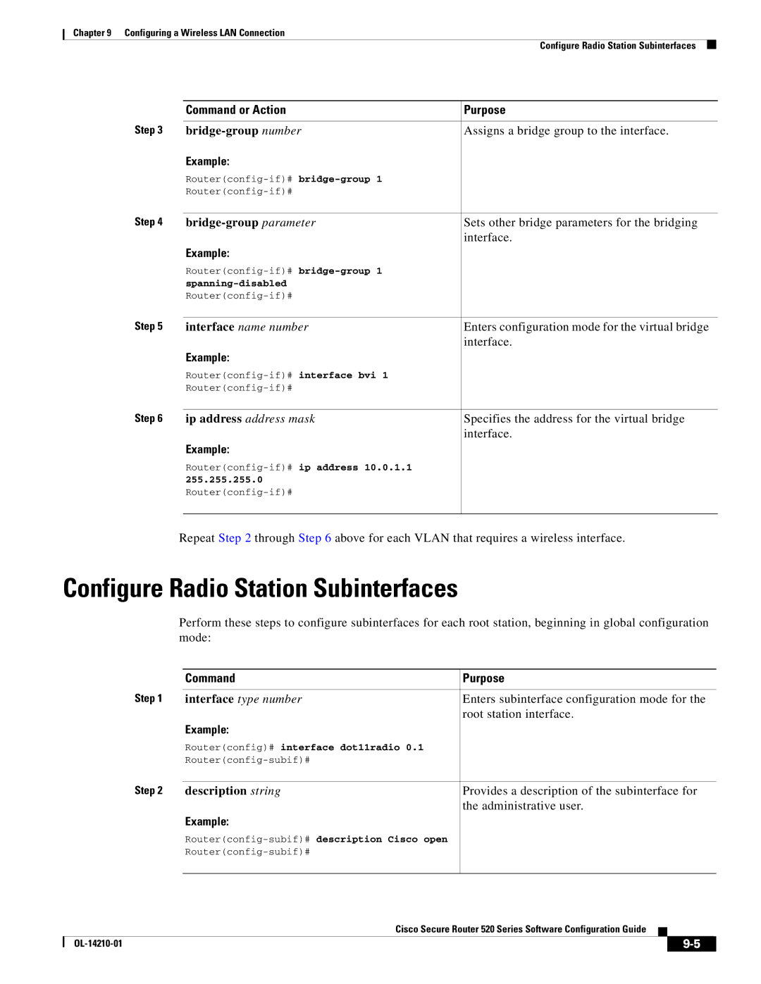 Cisco Systems 520 series manual Configure Radio Station Subinterfaces, Bridge-group number, Bridge-group parameter 