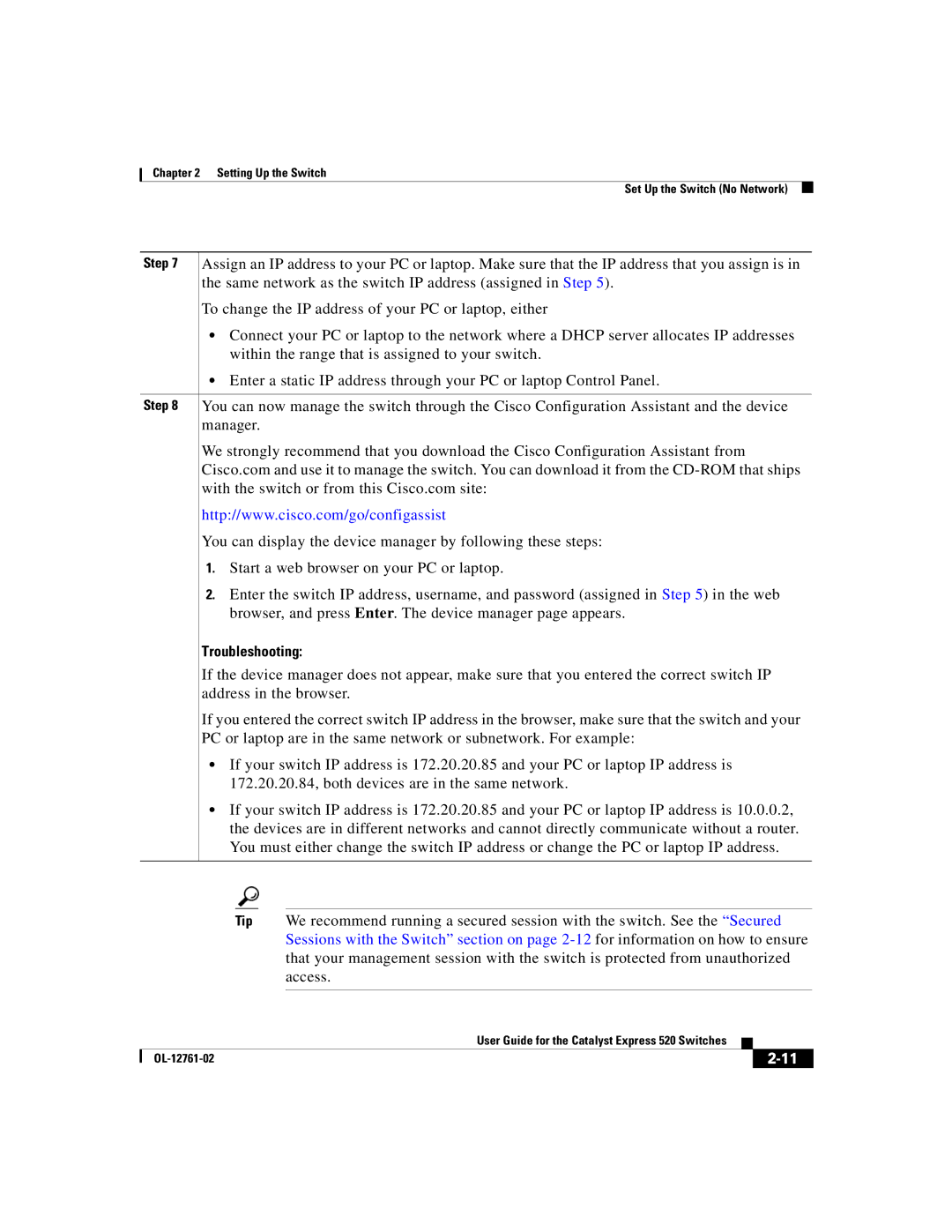 Cisco Systems 520 manual Same network as the switch IP address assigned in Step 